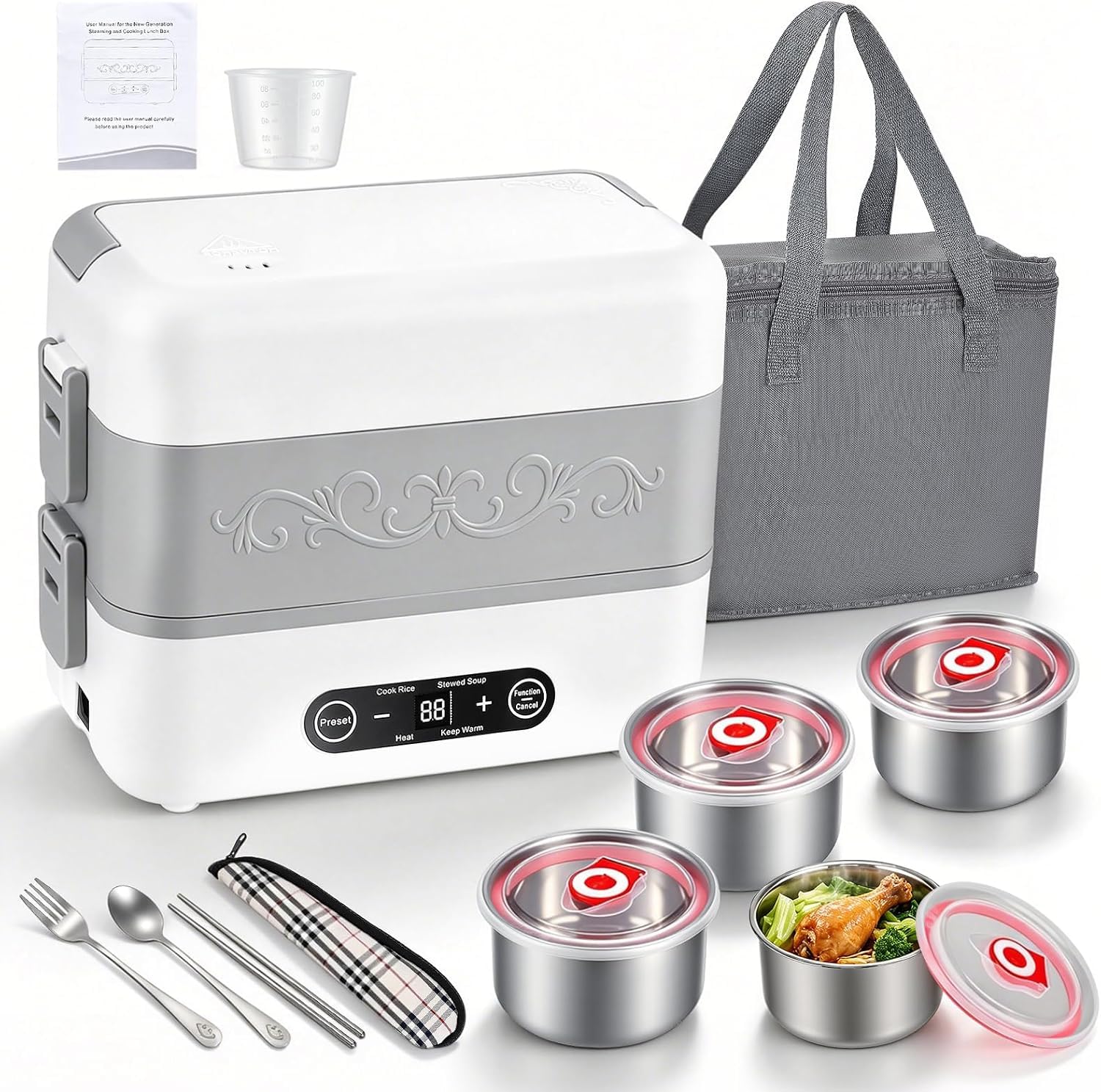 Fiambrera Eléctrica Comida 350W, 1.6L Tartera Comida Trabajo 2 Niveles | Calentador para Circulación de Vapor con Timer, Lonchera Térmica Fácil de Limpiar, para Oficina Casa, Incluye Cubiertos