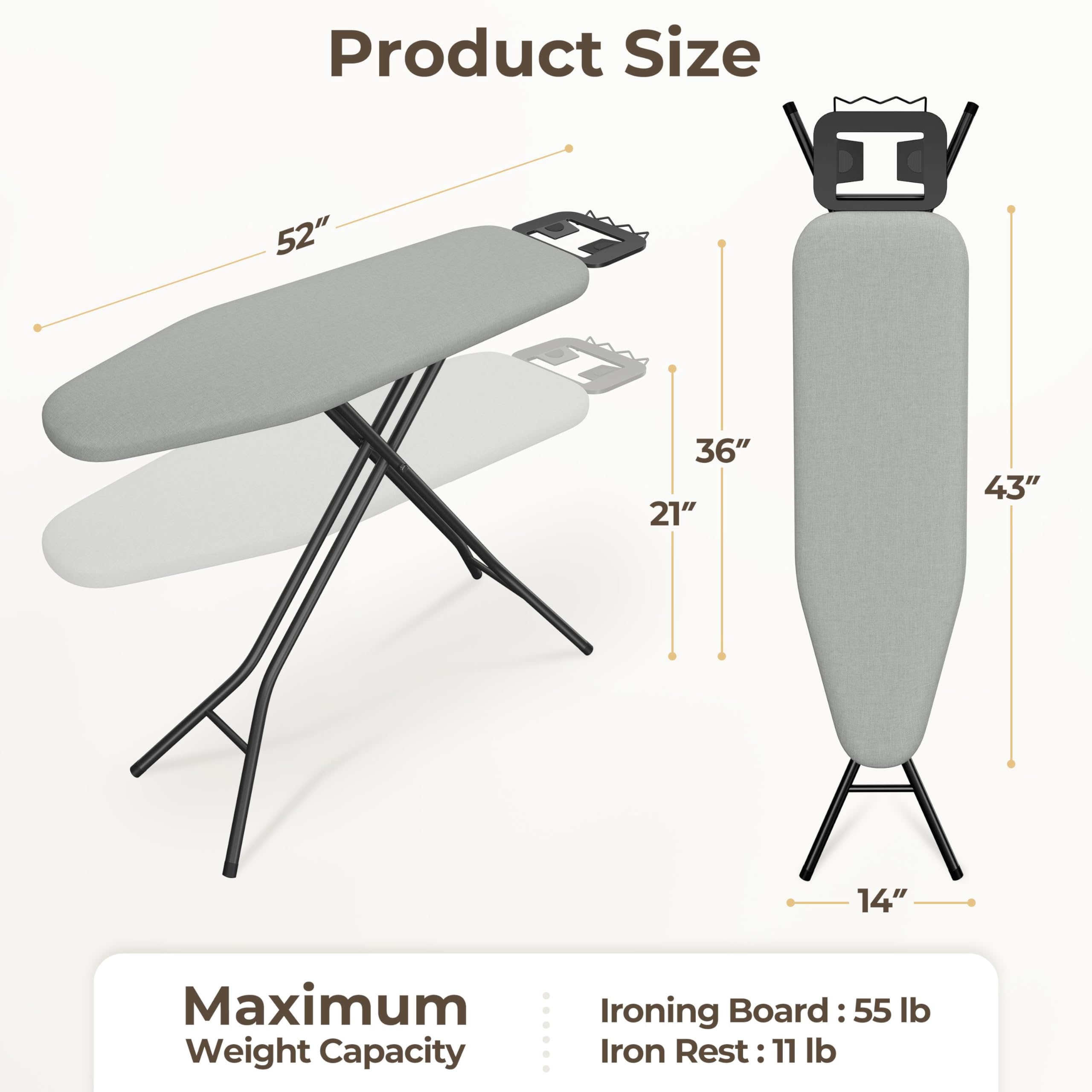 Yaheetech Foldable Ironing Board, Heavy Duty Iron Board with 9 Adjustable Heights, 4 Layer Cover and Safety Iron Rest, 52X14 Compact and Space Save Iron Board for Home Laundry Room Use, Gray