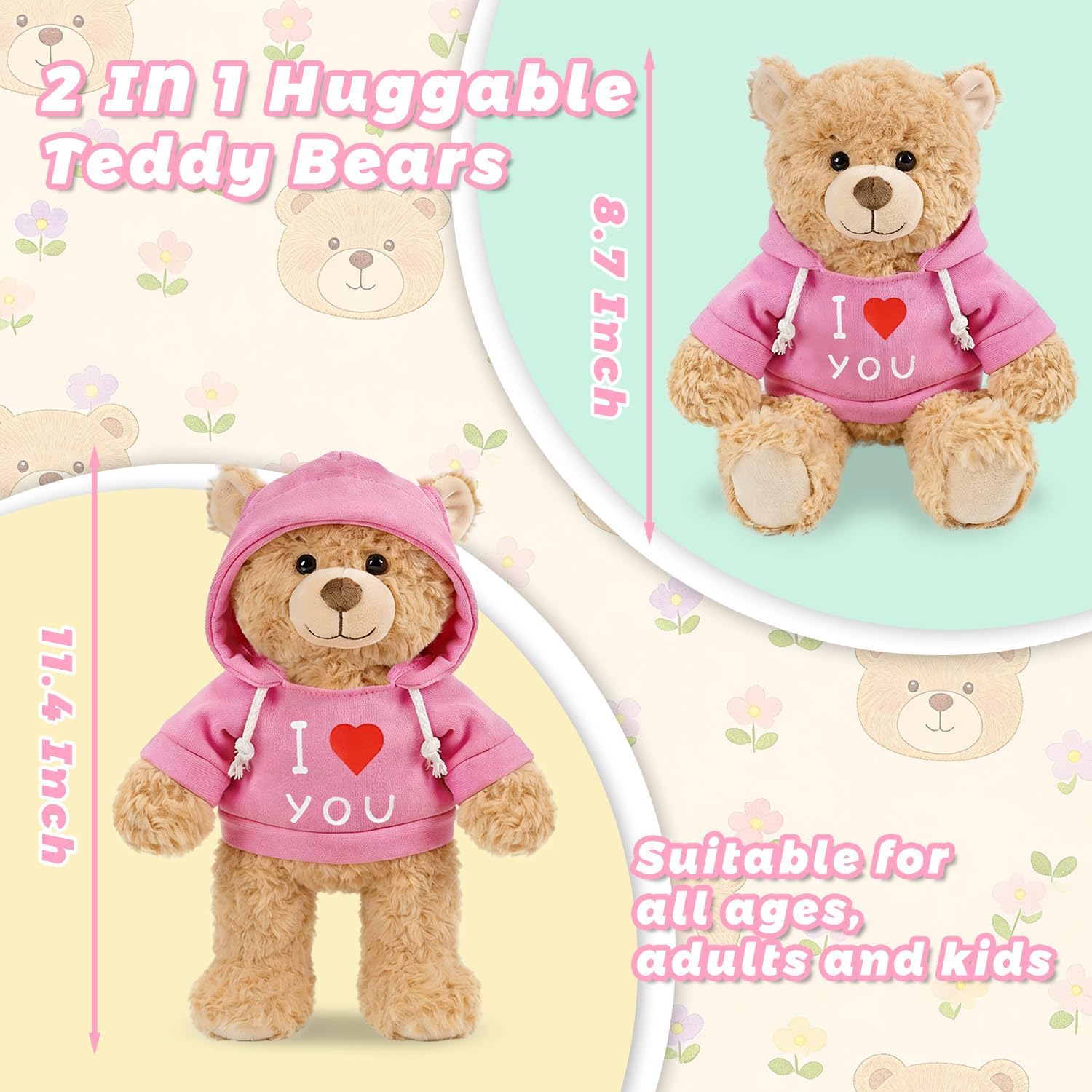 2 Pcs Love Teddy Bears for Women Plush Dolls 8.7 Inch Stuffed Bear Animal Set Gift for Mom Hoodie-Wearing Bear with I Love You Valentine’s Cozy Bear for Girlfriend Girls Kids Baby Gift (Pink + Blue)