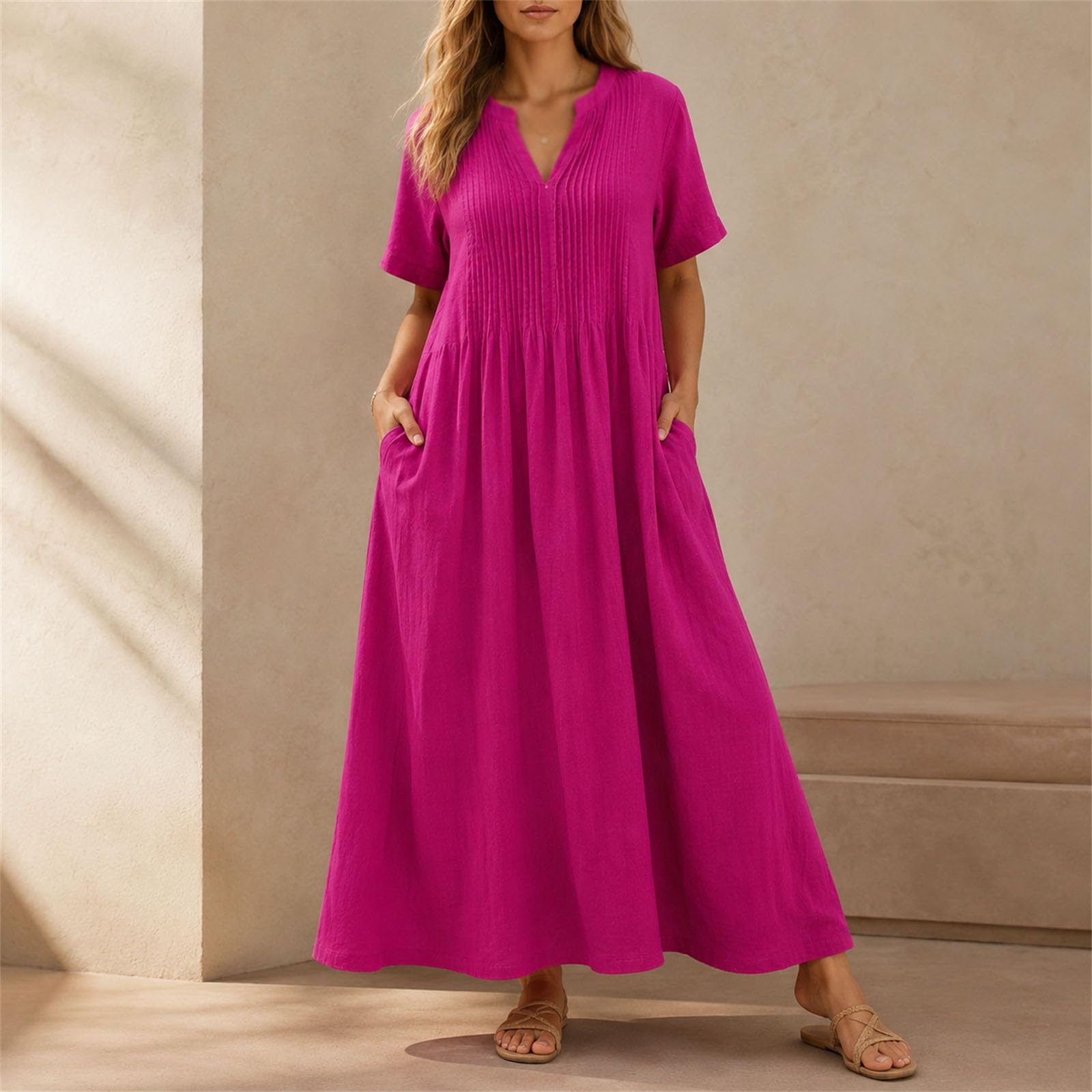 Maxi abito estivo da donna in cotone, scollo a V, maniche corte, con tasche | Maxi abito in cotone con scollo a V, maniche corte, arricciatura frontale e tasche, per l'estate, il tempo libero, le vacanze