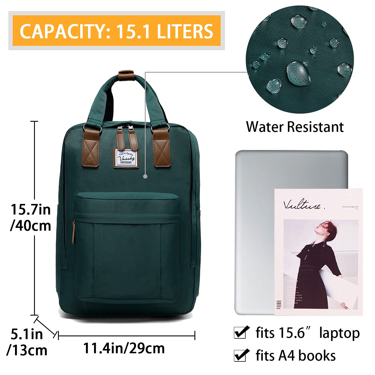 VASCHY Zaino porta PC, Zaino Donna Zaino PC 15.6 Pollici Zaino Scuola Zaino Lavoro Donna Zaino Uomo Vintage Zaino da Viaggio Antifurto Donna Zaino Università Trekking