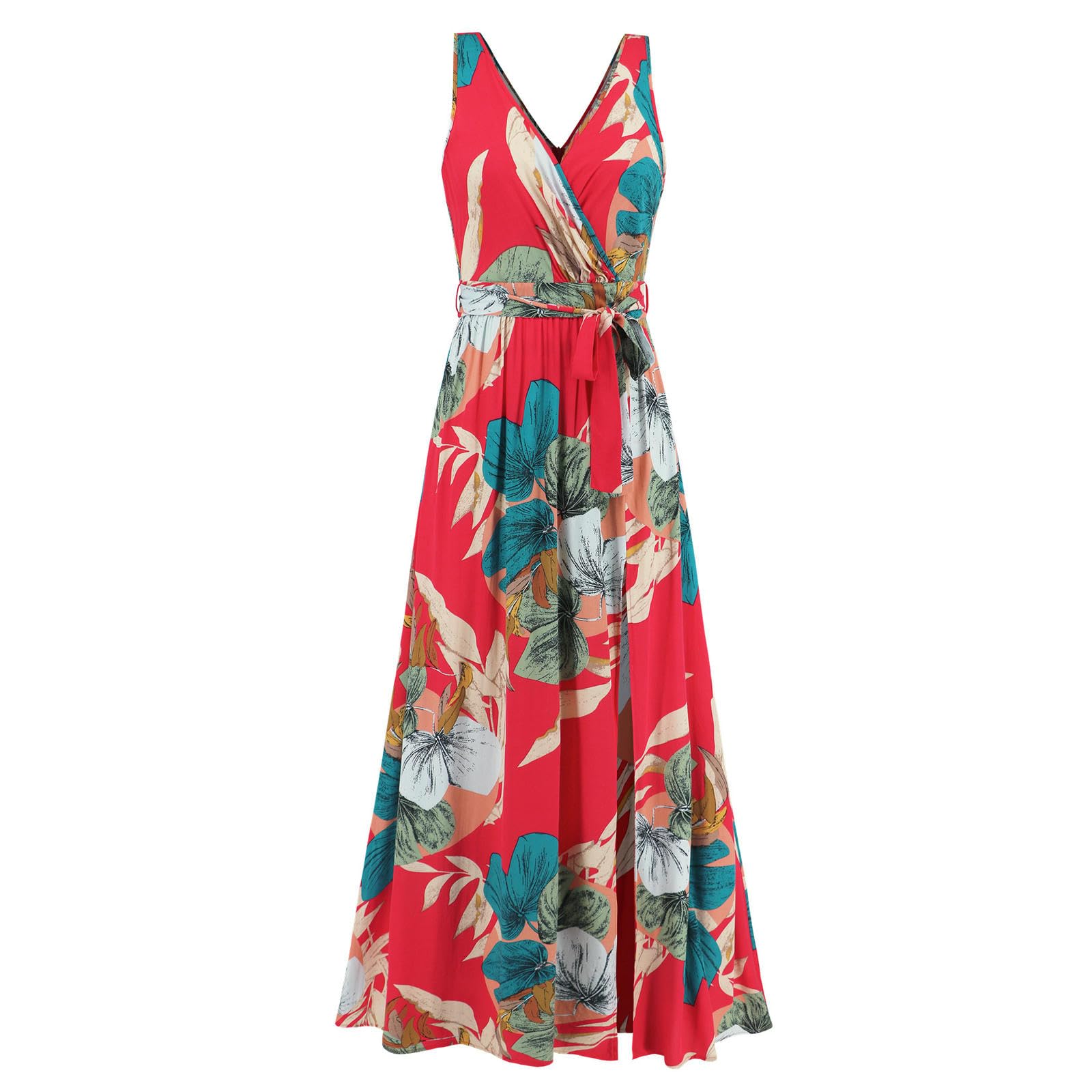 Vestito Donna Elegante Abito Estivo delle Donne con Scollo A V Bretelle Senza Maniche Stampa Fessura Stile di Vacanza Cravatta Vita Alta da Spiaggia-Bianco-l