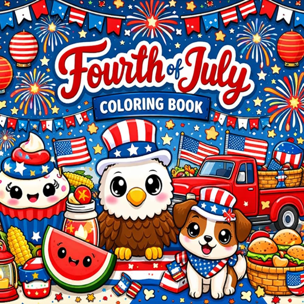 Fourth of July Coloring Book: Adorable Summer Holiday Scenes for Relaxation and Creativity | Fun & Easy Patriotic Coloring Pages Filled with Cute Patriotic Animals, Fireworks, & Food