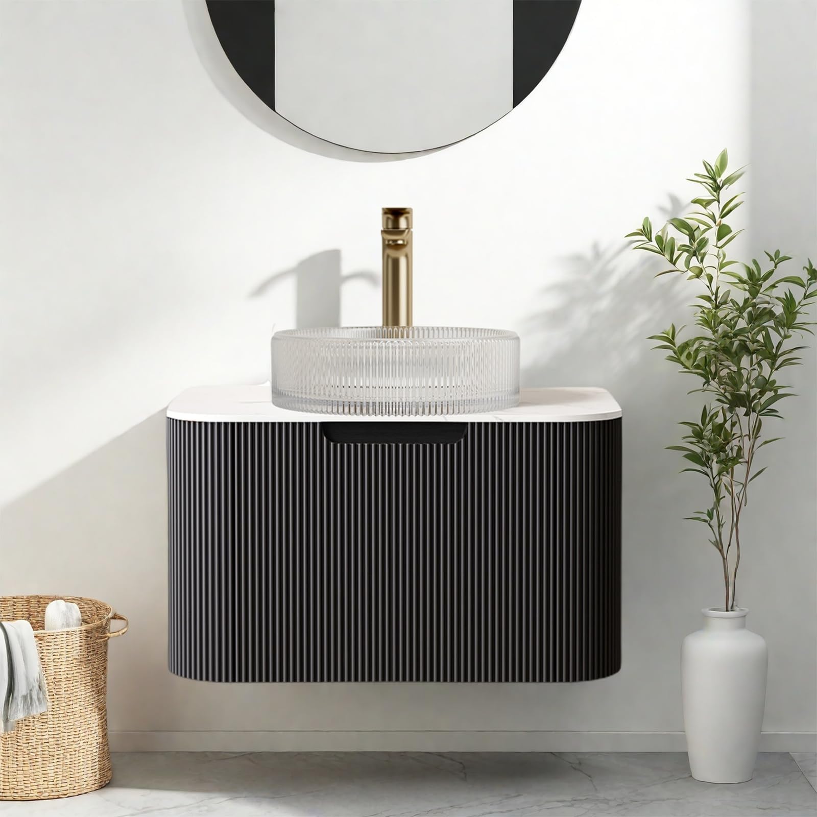 24 Inch Floating Bathroom Vanity with Sink, Modern Bathroom Cabinet with Round Crystal Glass Basin and Ultra-Thin Marble Top, Extra Large Storage Drawer, Soft-Close Design, Gloss Black