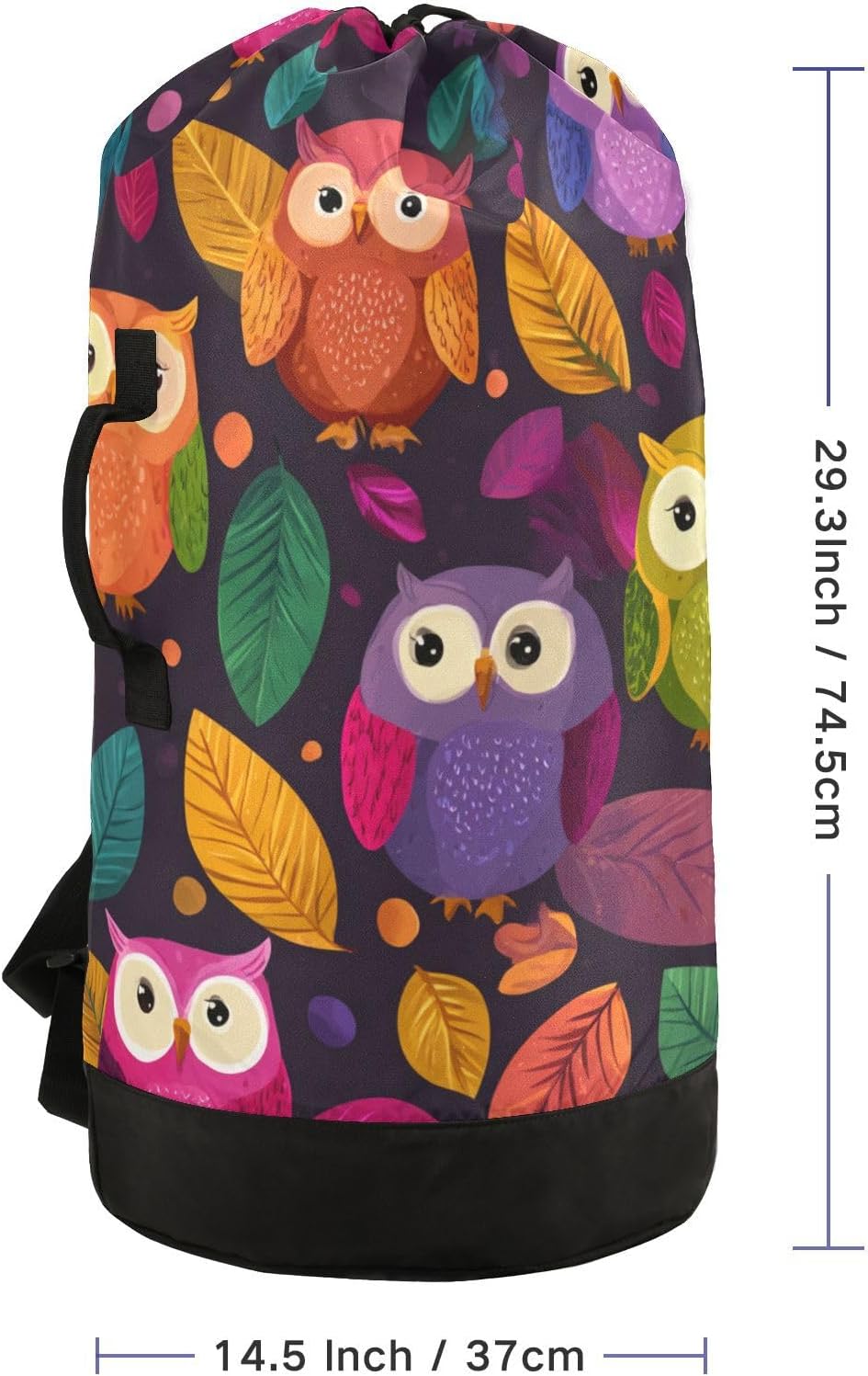 Black Owl and Leaves Laundry Backpack Bag with Adjustable Shoulder Straps Handle Dirty Laundry Hamper Bag for Traveling Camp College Dorm Heavy Duty Waterproof Large Capacity