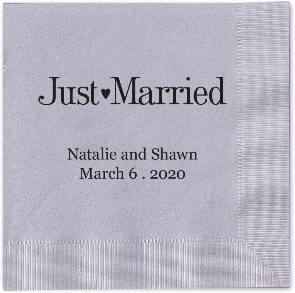 Just Married Personalized Luncheon Napkins / 100 Navy Blue Paper 6 1/2" x 6 1/2" Dinner Napkins With Choice Of Foil