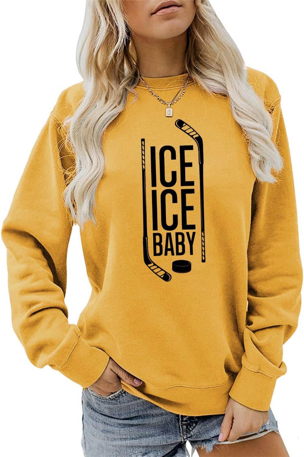 Ice Ice Baby Hockey Sweatshirt, Funny Hockey Mom Life Shirt Women Crewneck Hockey Lover Sweater Graphic Pullover Tops