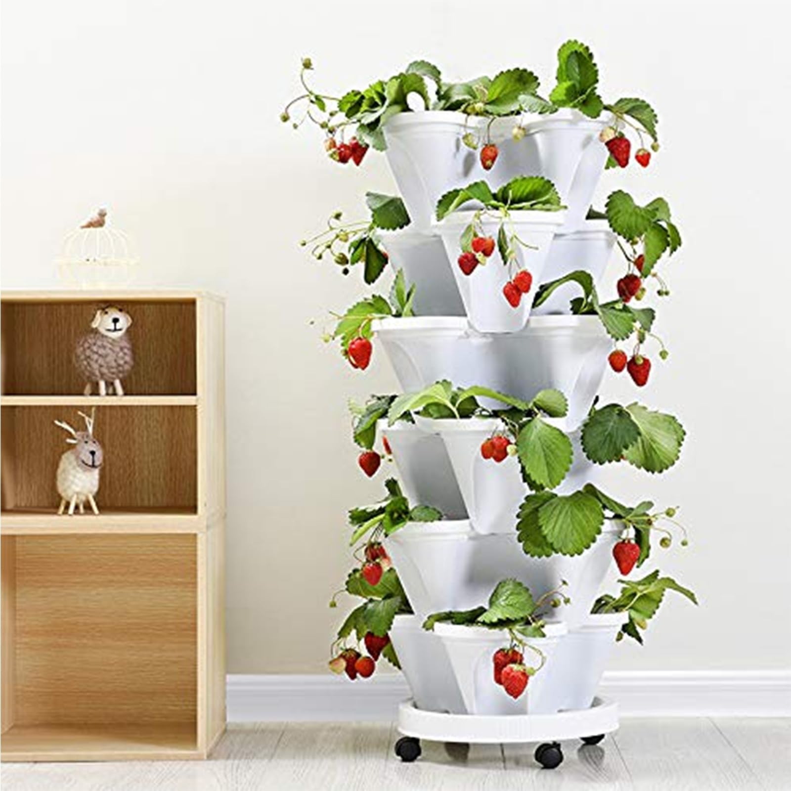 Tour à Fraises Empilable 5 Niveaux, Bac à Fraise en Hauteur et Anti-Débordement, Roulettes 360°, Jardinière Verticale Gain de Place 32,5×14,5cm pour Fleurs et Légumes Balcon Terrasse (Blanc)