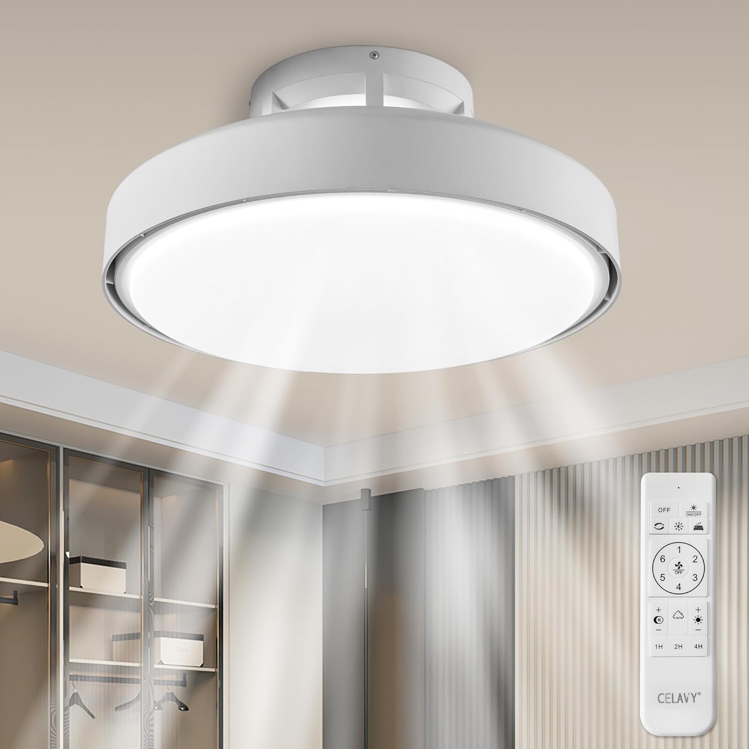 Ceiling Fans with Lights and Remote, 19.8 in Flush Mount Turbo Fan Light, Dimmable LED Ceiling Fan with Lights, 3 Colors 3000K-6000K, Low Profile Bladeless Bedroom Ceiling, White