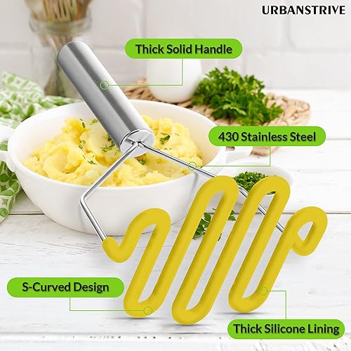 Miniatura 10 de Urbanstrive Herramienta de cocina de silicona antiarañazos, triturador de patatas, triturador de patatas, acero inoxidable, envuelto en silicona de