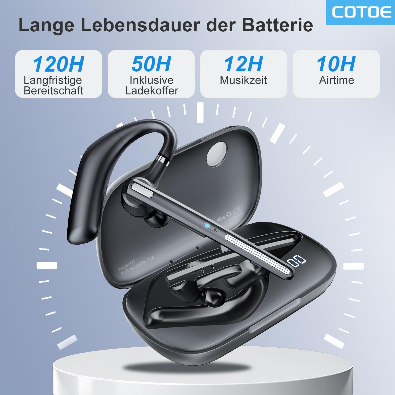 COTOE Bluetooth Headset V5.3 Kabelloser Ohrhörer mit 500 mAh Ladehülle Geräuschunterdrückung Mikrofon Schwarz
