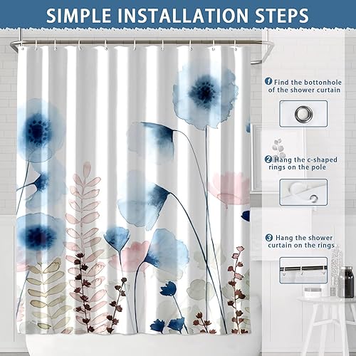 Miniatura 2 de Sunopas Juego de cortinas de ducha florales, acuarela de plantas de flores azules, cortinas de baño de estilo bohemio, cortina de ducha de tela