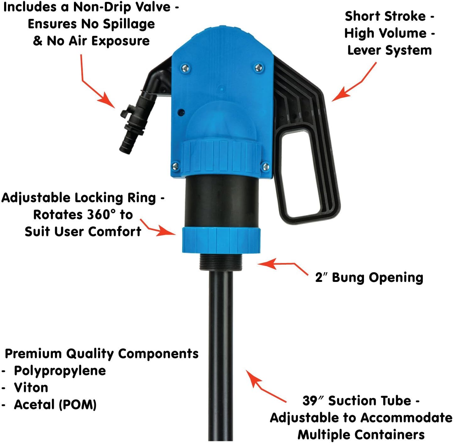 Lumax LX-1329 Lever Action Chemical Pump with Siphon Function. Premium Chemical Pump. Designed for fast transfer of acidic solutions chemicals, fuels, fuel oils and water based media. : Automotive