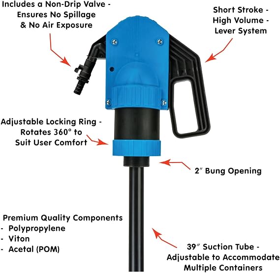 LUMAX LX-1329 Lever Action Premium Chemical Pump with Siphon Function, Designed for Fast Transfer of Acidic Solutions Chemicals, Fuels