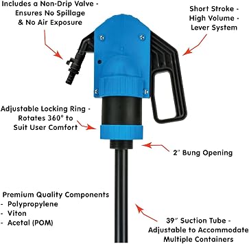 LUMAX LX-1329 Lever Action Premium Chemical Pump with Siphon Function, Designed for Fast Transfer of Acidic Solutions Chemicals, Fuels