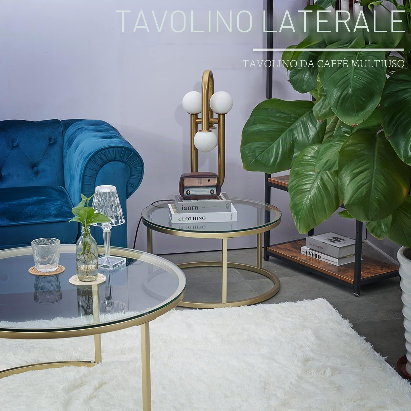 Huuryoudo Set di 2 tavolini da salotto, in vetro dorato con struttura in metallo, per balcone, divano, tavolo con piccolo tavolo da salotto, piano in vetro dorato