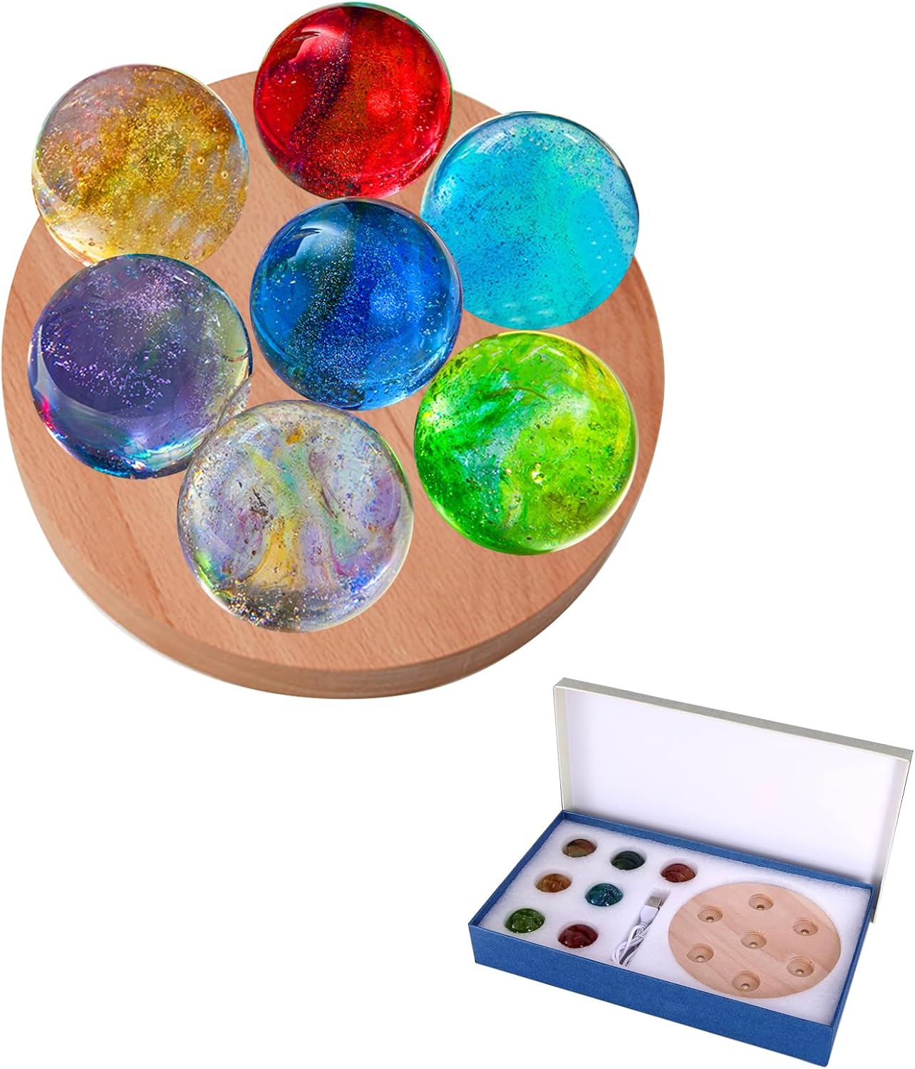 JOJOCY 7 Handcrafted Glass Ball Night Light, 7-Color Energy Crystal Balls with Beechwood Lamp Base, Home Office Desktop Decoration for Meditation & Gifts