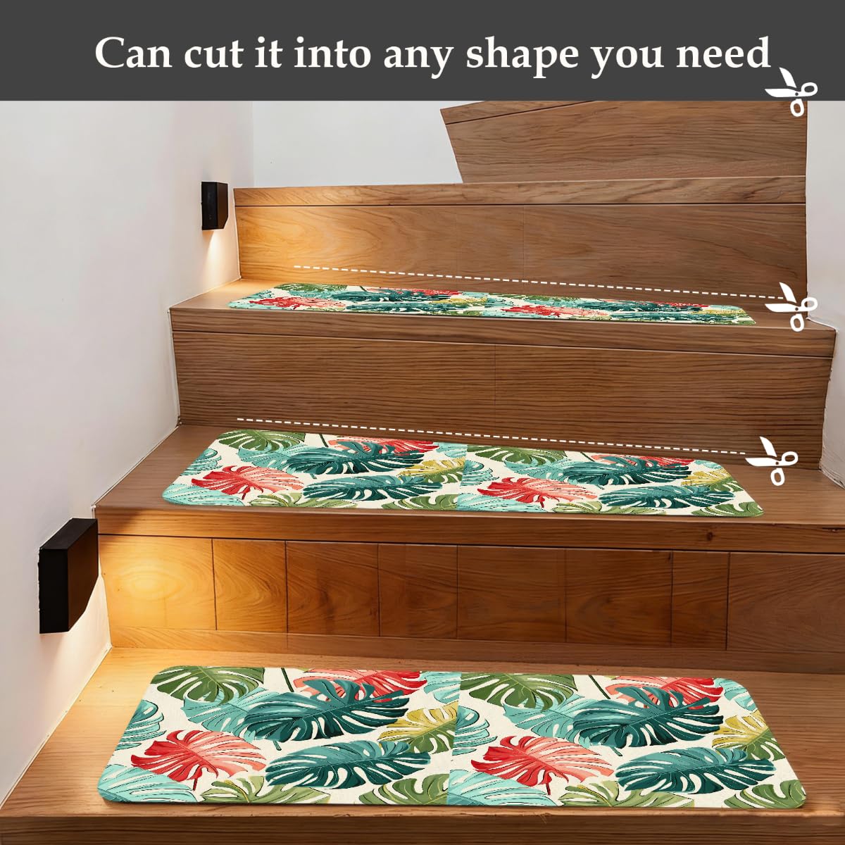 Colorful Tropical Palm Leaves Stair Treads Non Slip Bullnose Stair Step Carpet Runner Rug Mat for Wooden Marble Ceramic Staircase Steps, 10 Pcs