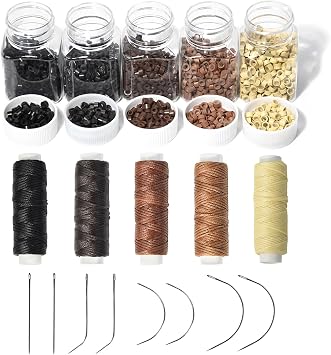 Hair Extensions Tool Kit 2500 Pcs 5 Colors Silicone Lined Micro Links Rings Beads with 5 Rolls Sewing Waxed Threads and 8 Pcs C/J/I Needles for Hair Extensions Hand Sewing Wig DIY Craft