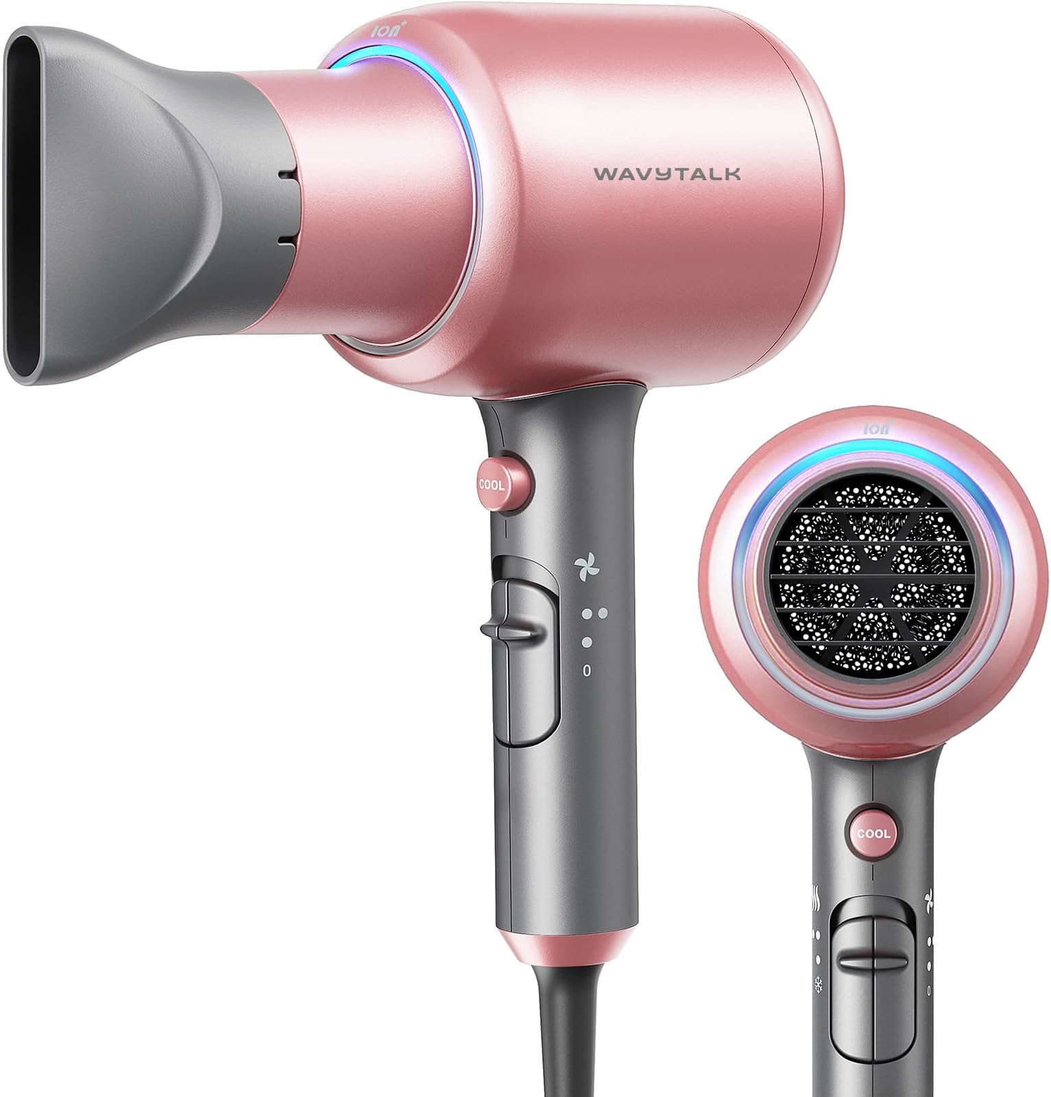 Wavytalk Hair Dryer, Blown Away Ionic Hair Dryer for Curly Hair with Diffuser, 1875W Fast Drying Blow Dryer with Ceramic Technology, 3 Attachments for All Hair Types, Light and Quiet Blower, Rose Gold