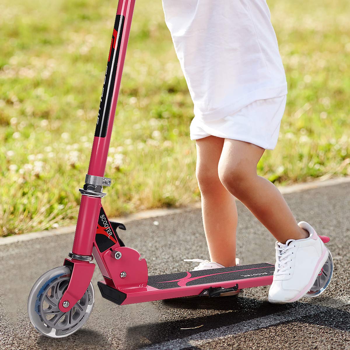 KOMFOTTEU Monopattino Bambini con 2 Ruote LED, Monopattino Bambina Pieghevole in Alluminio con Altezza Regolabile, Crico Massimo di 70 kg, Scooter Portatile per Bambini da 4 Anni+