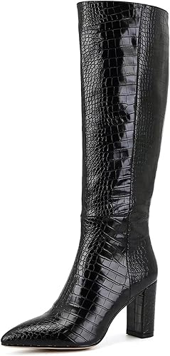 QXYRAUF Botas de cocodrilo sintético para mujer, botas altas hasta la rodilla, botas altas GoGo, tacón de bloque, botas puntiagudas