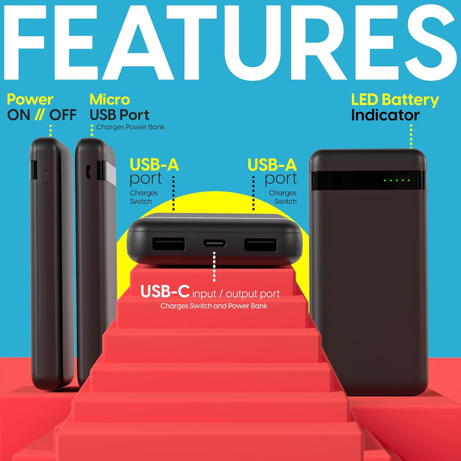 TALK WORKS Power Bank Compatible with Nintendo Switch - Portable Charger Power Battery Pack with USB Ports & LED Battery Indicator - Easy-to-Carry External Battery Supply w/ 3-Foot USB-C Cable : Video Games