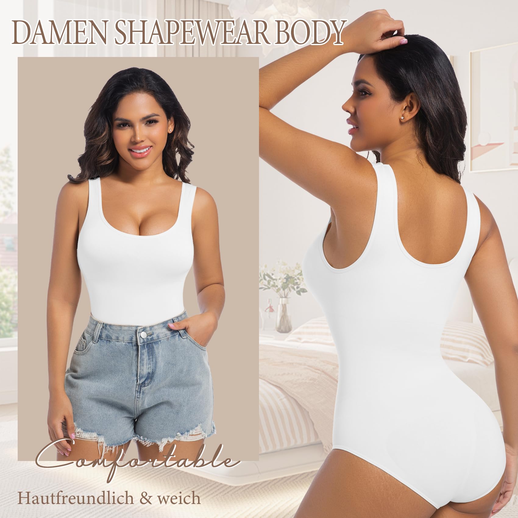 ONEW Shapewear Damen Body Shaper Bauchweg Miederbody Figurformende Tank Top Taillentrainer Sculpting Bodysuit