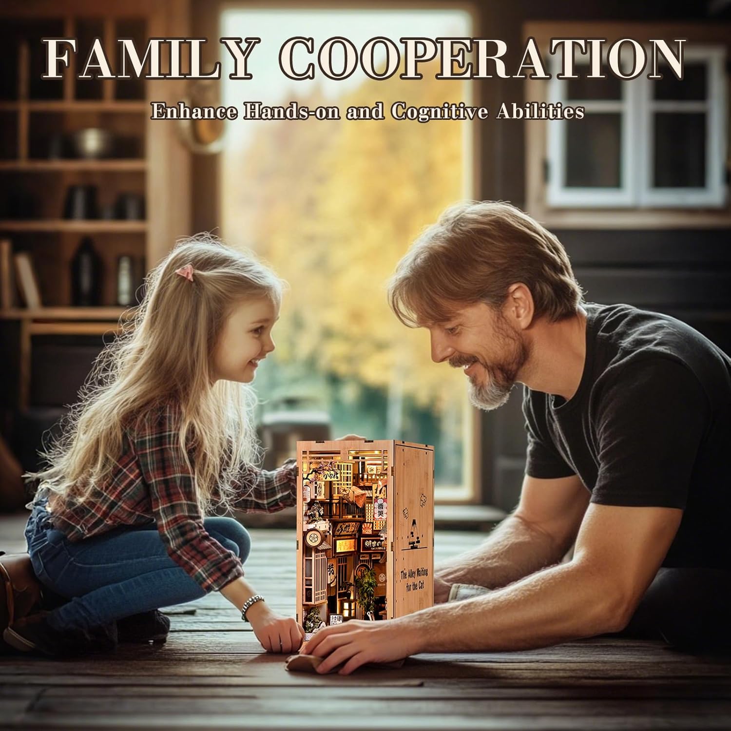 DIY Book Nook Kit, 3D Wooden Puzzle Bookend with LED Light, Japanese Street Alley Miniature House Model, Creative Shelf Insert Decor & Arts Crafts Gift for Adults Teens (The Alley Waiting for the Cat)