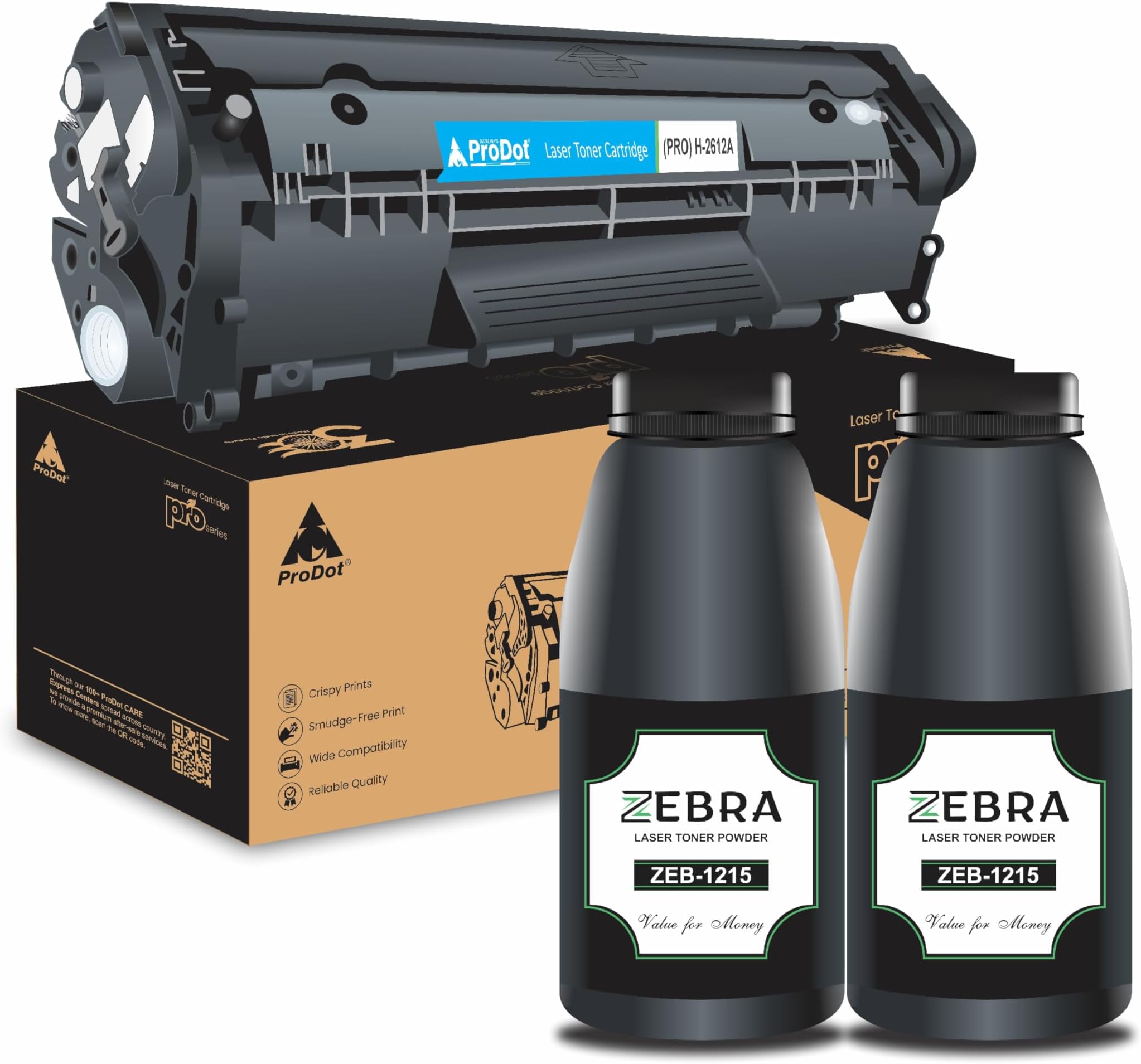 ProDot 12A Toner Cartridge & Powder Set Replaces HP Q2612A Canon 303/703/FX-9/FX-10 Compatible with HP 1010-1020/1315-3030 Canon LBP2900/3000/L100 I 1500 Page Yield I 1 Yr Warranty (1 Set)