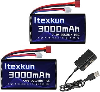 7.4V Li-ion Battery 3000mAh T Plug 15C 2S Rechargeable RC Battery Fit for WLtoys 12428 104009 DEERC 9005E 9201E 9206E 9003E 003E H16R RC Truck Car with 2s Battery Charger
