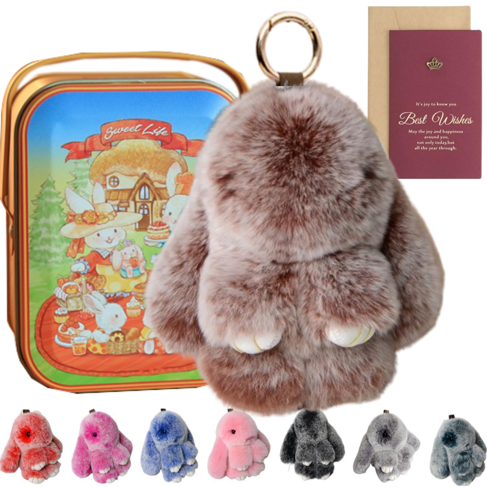 Cute Bunny Keychain with Tin, 5.8" Soft Plush Keychain Charm, 30 Colors – Graduation Gift & Stylish Bag Accessory