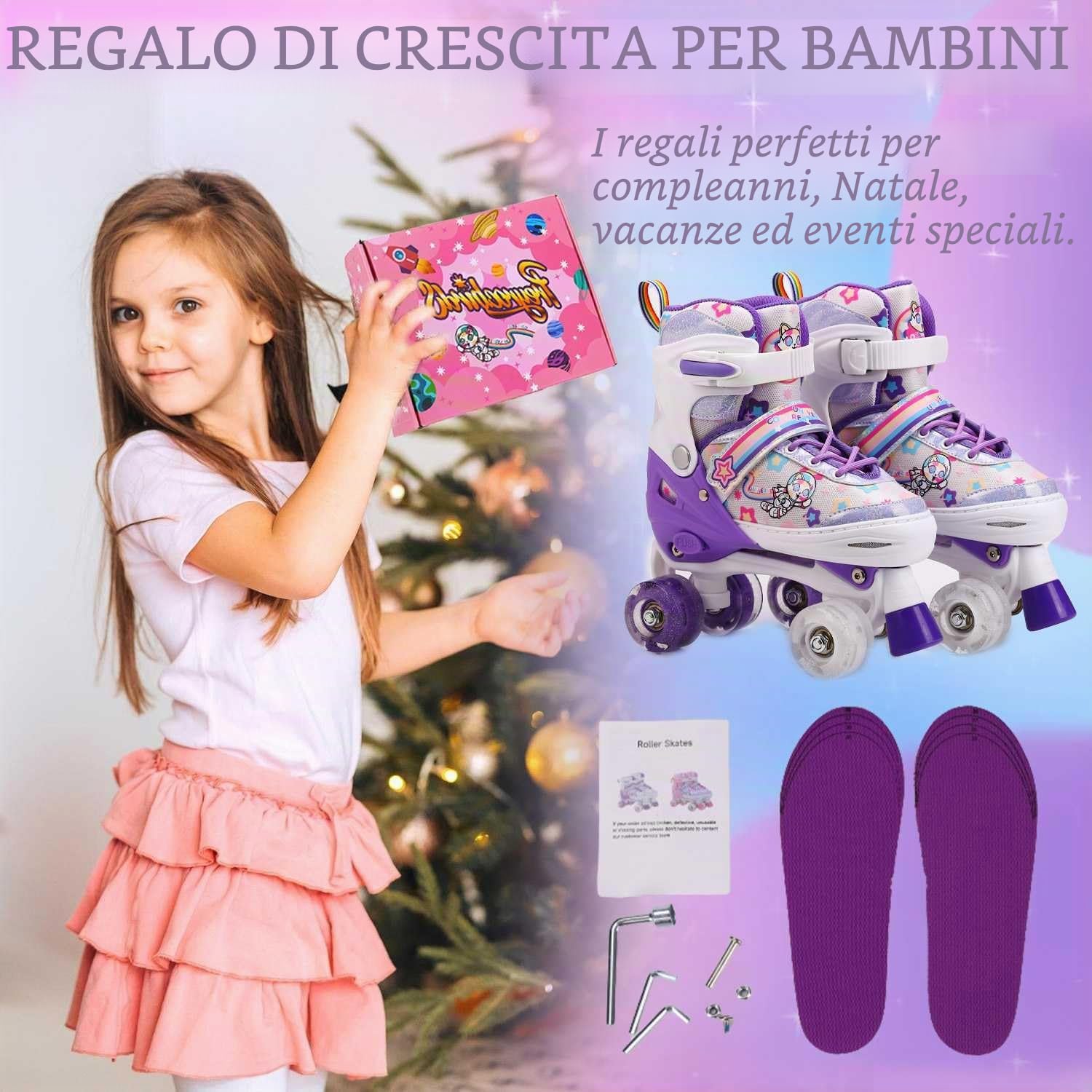 Pattini a rotelle Bambina Regolabili, Pattini a 4 Ruote con Ruote Illuminate, Pattini Bambina di 4 Dimensioni regolabiliper Ragazzi, Ragazze, Bambini, Principianti