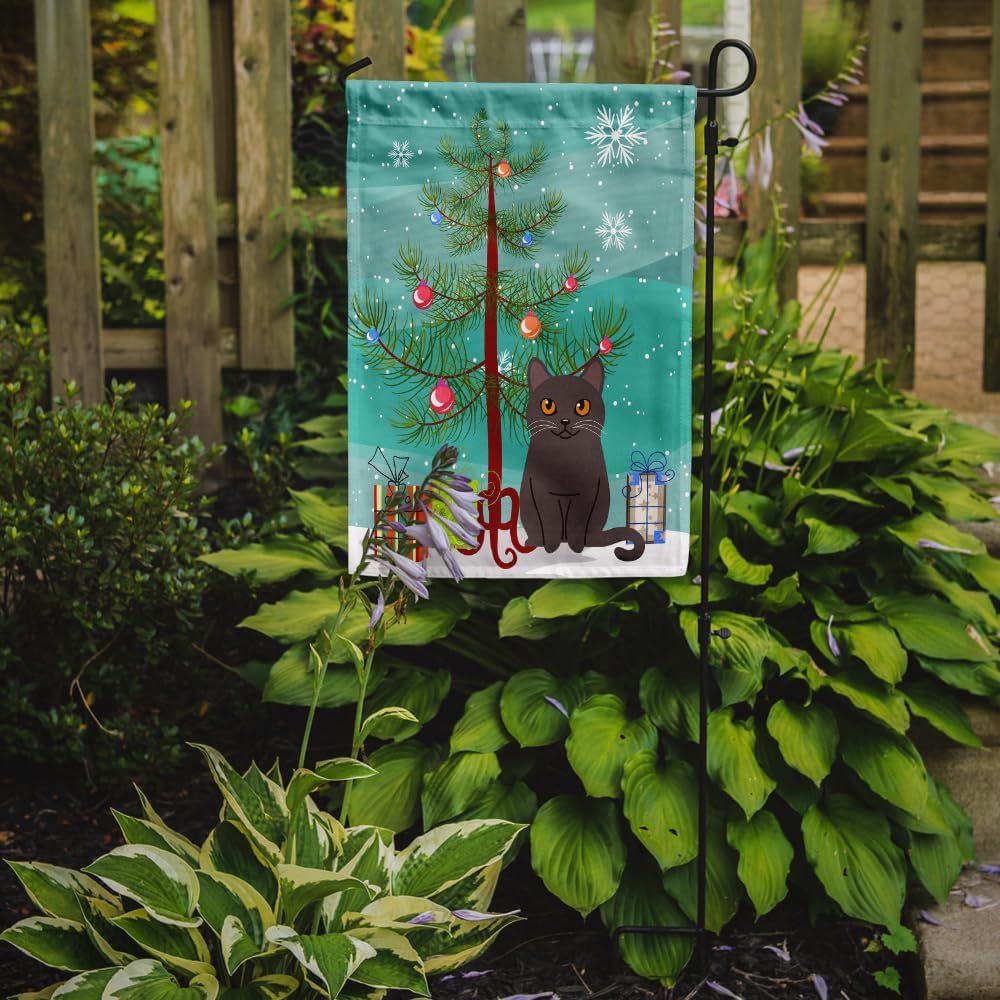 Caroline's Treasures BB4418GF Chartreux Cat Merry Christmas Tree Garden Flag Mailbox Flag Decorative Yard Flag Banner Outside Patio Artwork Yard Flower Beds, Garden Size, Multicolor