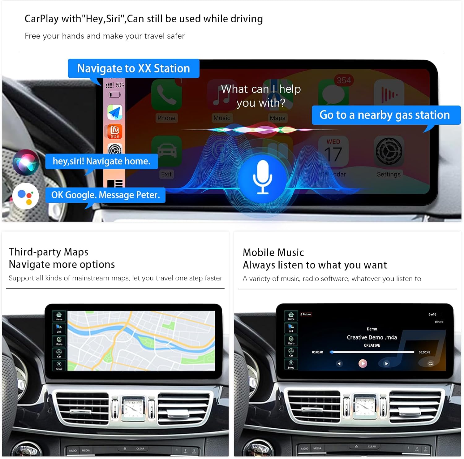 Image showing voice command interaction with CarPlay for navigation and other functions.
