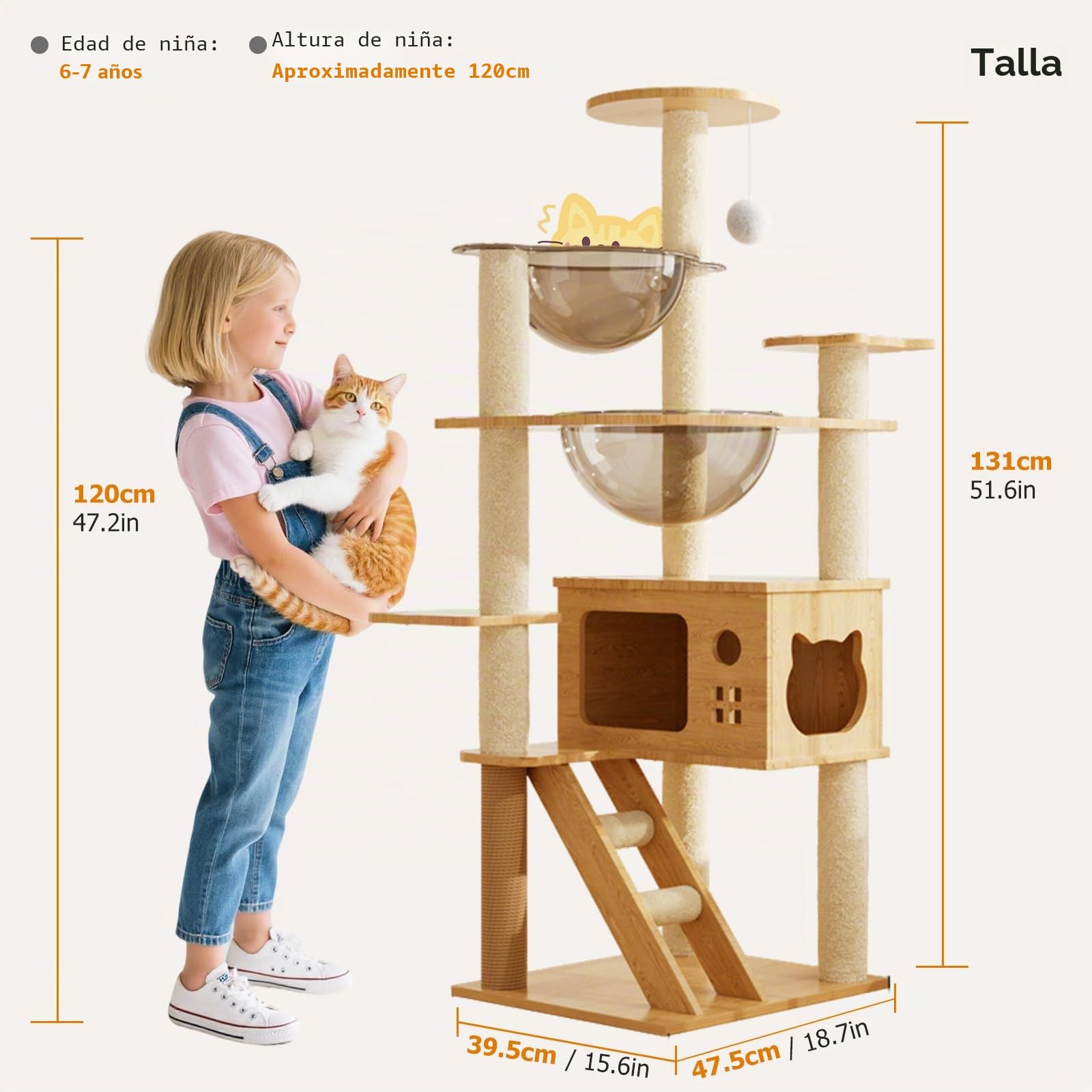 PETCUTE Rascador para Gato,Árbol para Gatos de Madera,Torre de Gato con Cápsula Espacial,Postes Rascadores, 2 Plataformas,1 Cueva, 1 Pompones,Escalera,Muebles para Gatos