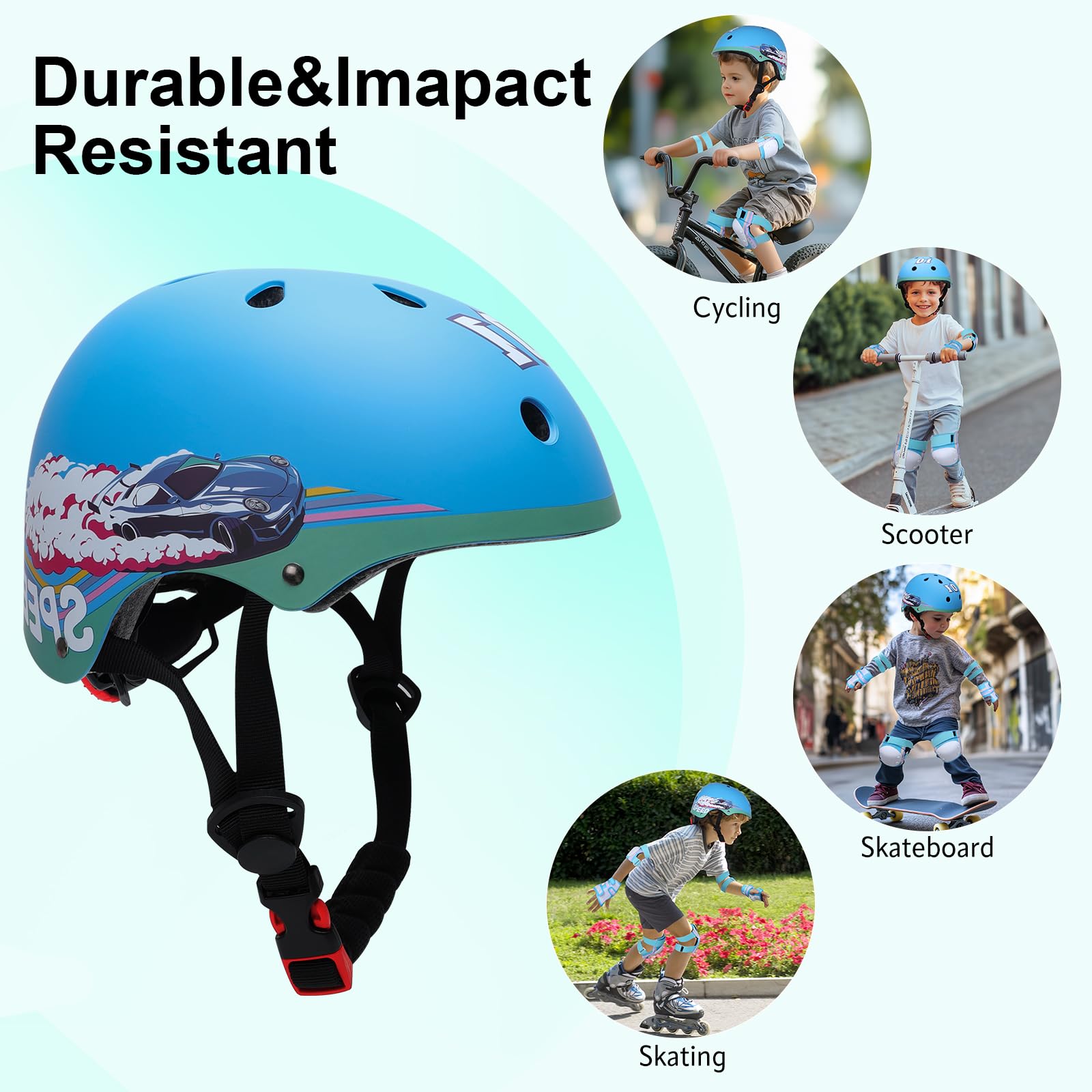 YOOXARMOR Casco da Bici per Bambini, Caschi per Bambini degli Animato 3-5-8 anni,Set di Protezioni Sportive Leggere con Ginocchiere, Gomitiere e Polsiere per Skateboarding Bicicletta Scooter