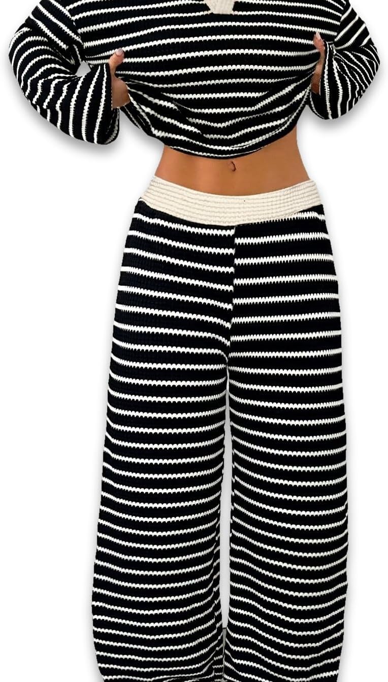 Women's Striped Loose Fit Long Sleeve V-Neck Polyester Top and Pants 2 Piece Set, Matching Outfit for Casual Everyday Wear, Autumn Winter