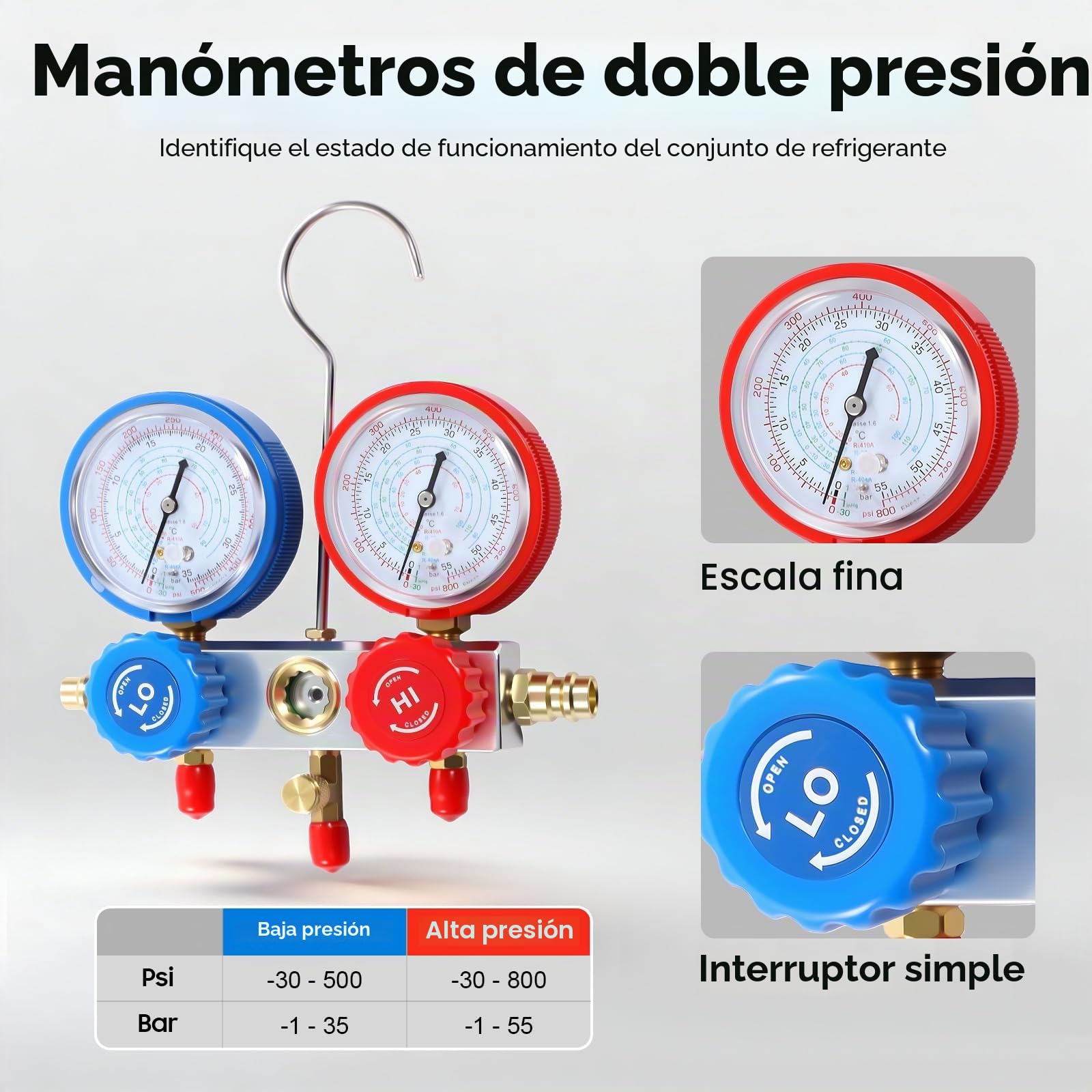 Acondicionador de aire acondicionado de 2 vías con manómetros, bomba de vacío, accesorios para R32 R410A R134A, incluye 3 mangueras y girador de válvulas, herramienta de aire acondicionado para coche