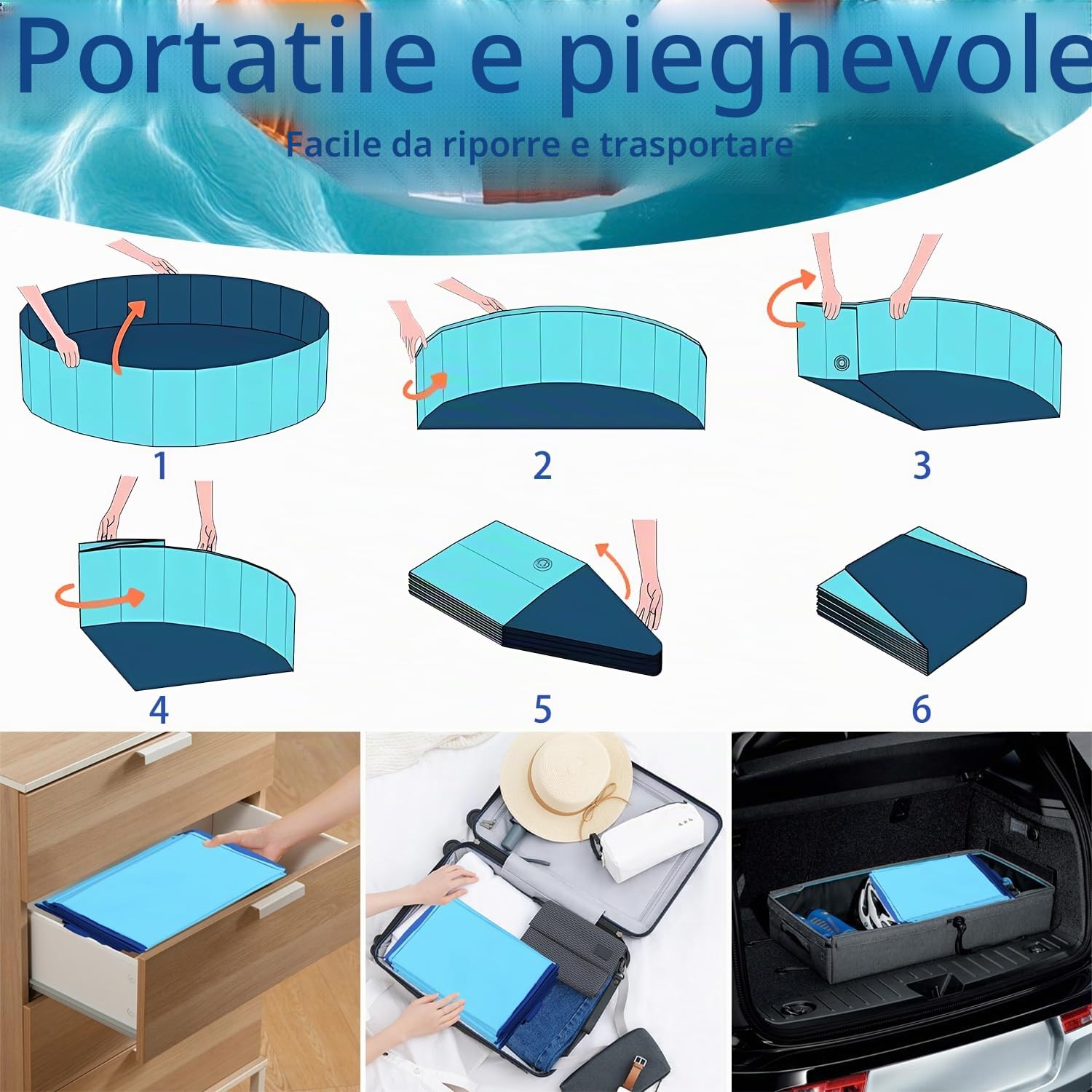 Piscina pieghevole per anatre, grande, con tappo di scarico, 89 x 30 cm, in PVC extra resistente, per anatre, cani, gatti, bambini, in plastica rigida blu, portatile, pieghevole, per uso interno ed