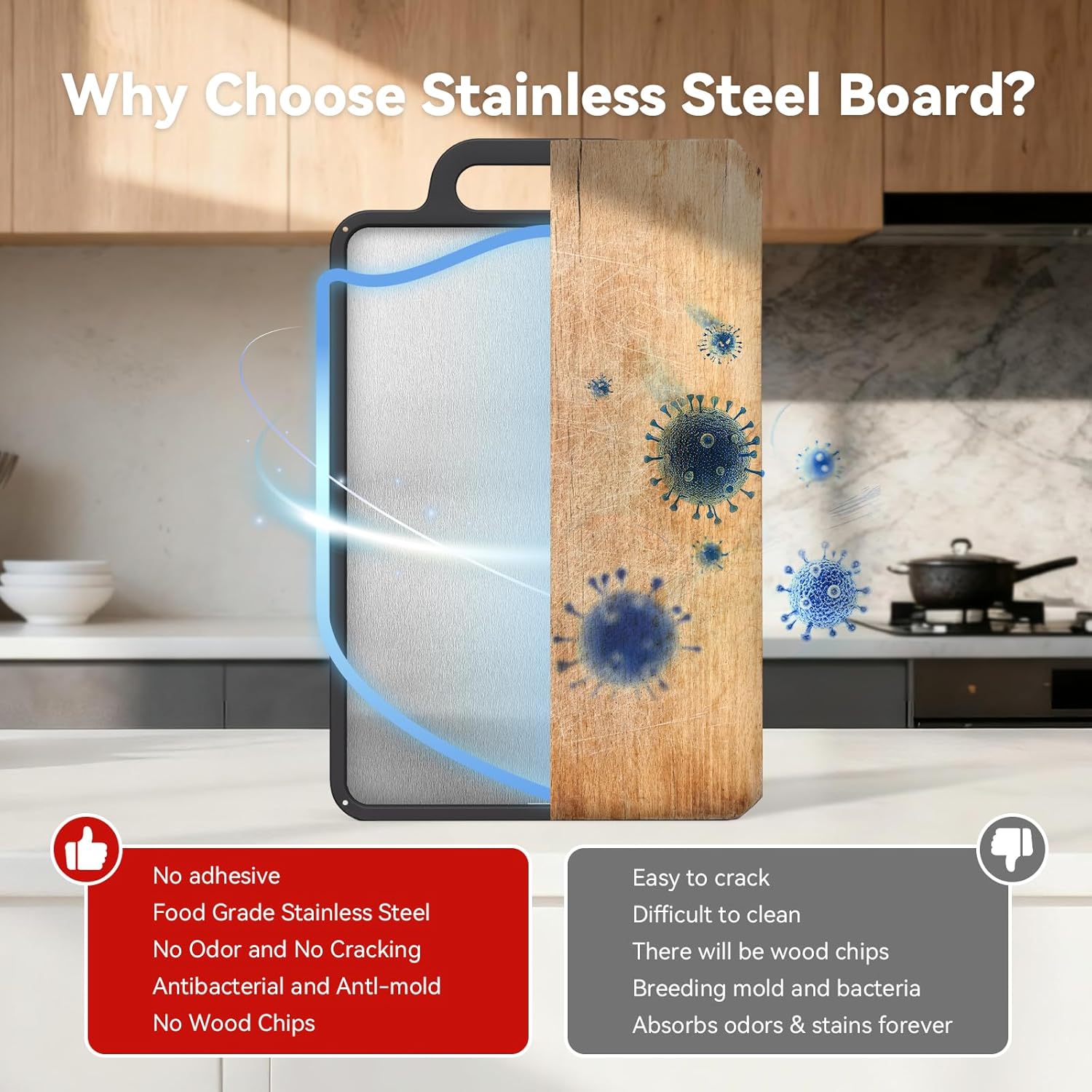 Double-Sided Solid Stainless Steel Cutting Board for Kitchen, 304 Grade & Dishwasher Safe - Non-Slip with Juice Groove, Perfect for Meat and Veggies, 15.3x9.6 Inch (Stainless Steel Color)