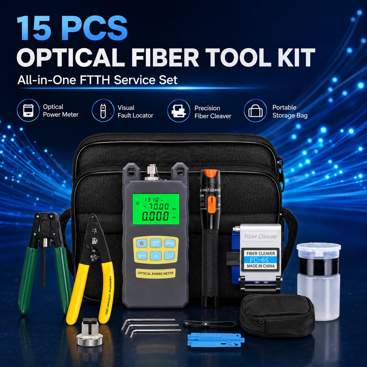 Kit De Herramientas De Fibra FTTH, 15 En 1 Kit Fibra óPtica TerminacióN De Fibra con Medidor De Potencia De Fibra óPticas Y Localizador De Fallas Visuales De 10mw, Cortadora, Pelacables