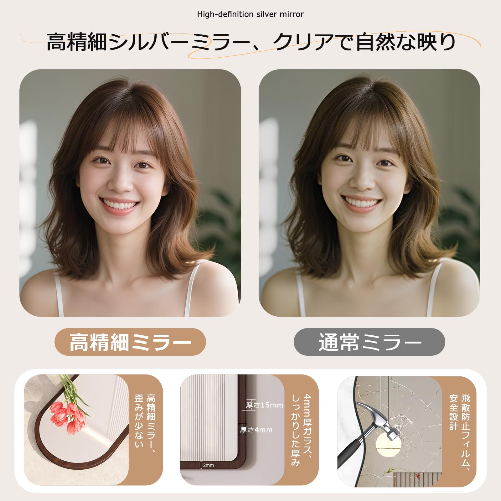 Amazon.co.jp: TidySpace 鏡 壁掛けミラー 飛散防止 木製 角丸長方形