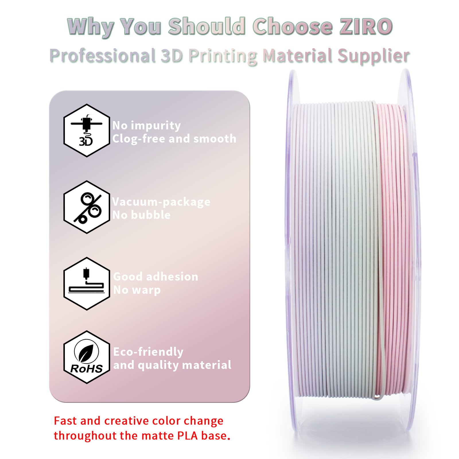 ZIRO Matowy Wielokolorowy Filament 1.75mm PLA, Zmiana Koloru Według Długości Matte PLA do Drukarki 3D, Dokładność Wymiarowa +/-0.03mm, Pasuje do Większości Drukarek 3D, Morandi
