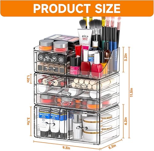 Miniatura 3 de Cq acrylic Paquete de 3 organizadores de maquillaje transparentes para encimera, organizador apilable de 8 cajones para el cuidado de la piel,