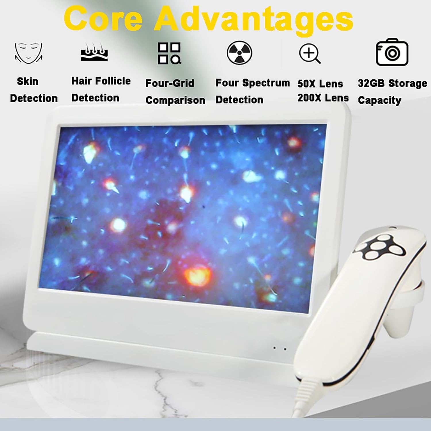 10.1 Inch Skin Diagnosis Hair Analyzer Four Spectrum Skin Scalp Detector Multifunctional Hair Follicle Skin Tester with 200X 50X Two Probe for Home Spa Salon