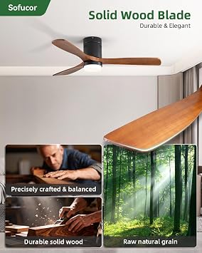 Sofucor 52 Inch Wood Ceiling Fans with Lights and Remote, Low Profile
