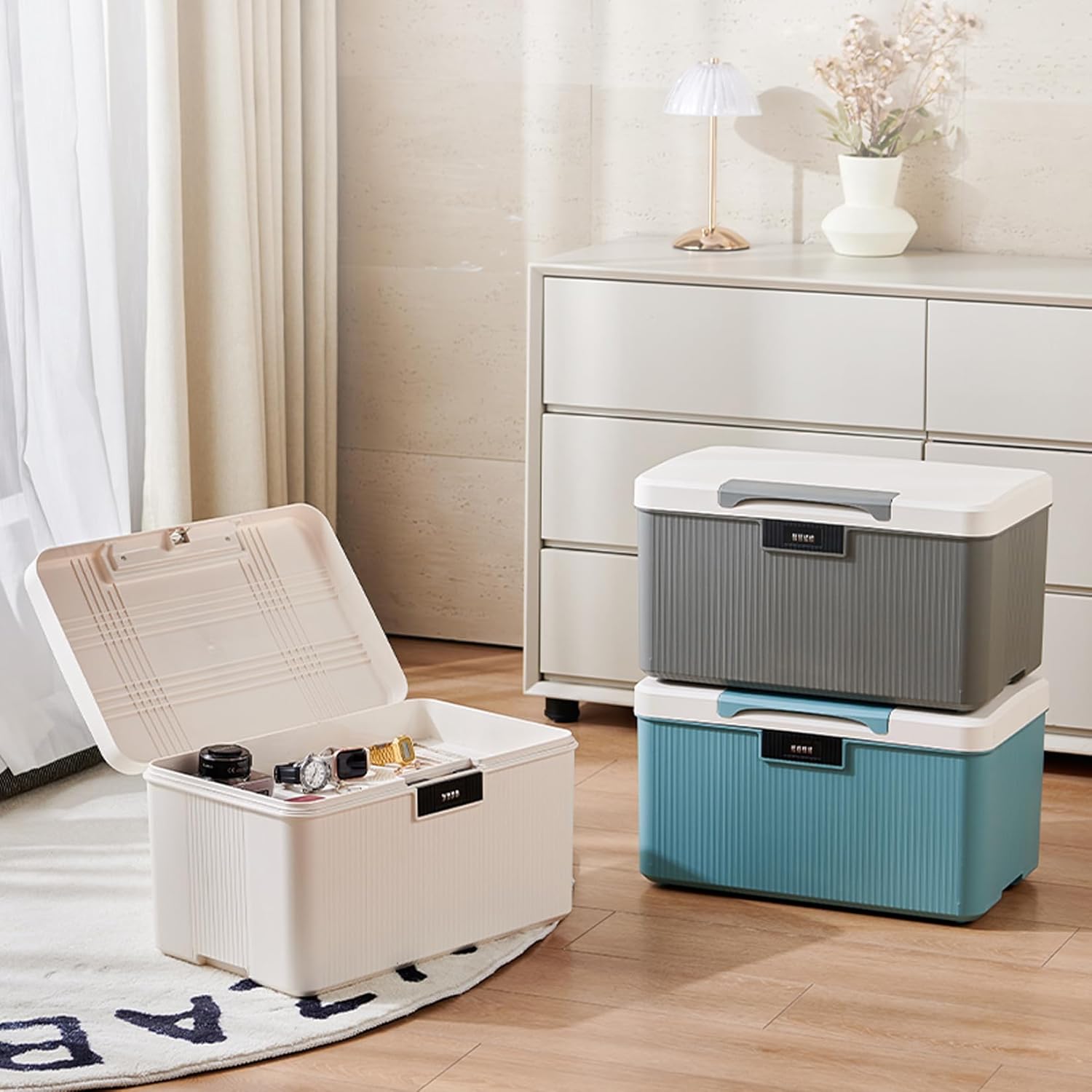 Lockable Storage Box – 4.5 Gallon Waterproof Plastic Organizer w/Adjustable Lock for Home/Office/Outdoor Travel (White & Grey)