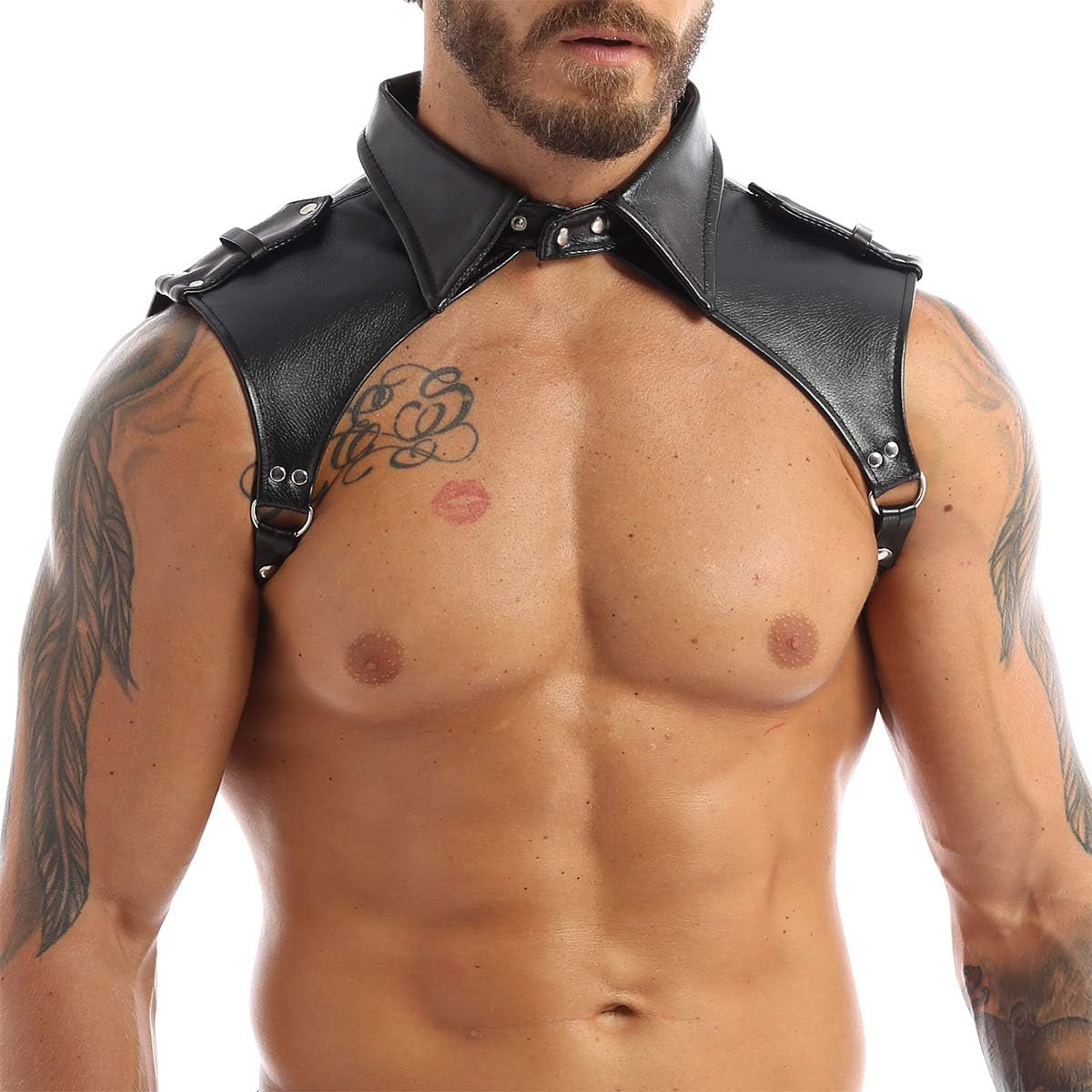 Lejafay Men's Faux Leather Neck Collar Press Buttons Body Chest Harness Armors Buckles Party Costume