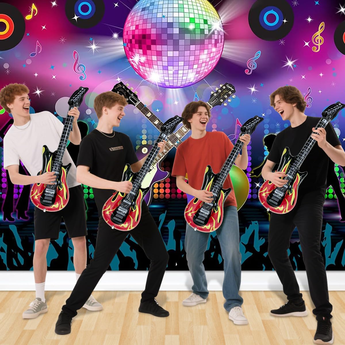 4 Pezzi Chitarre gonfiabili,2 Pezzi Microfoni gonfiabili,Chitarra Gonfiabile Rock per Bambini,Strumenti Gonfiabili 100cm,per Carnevali,Festa Compleanno Favori Decorazione (4+2PCS)